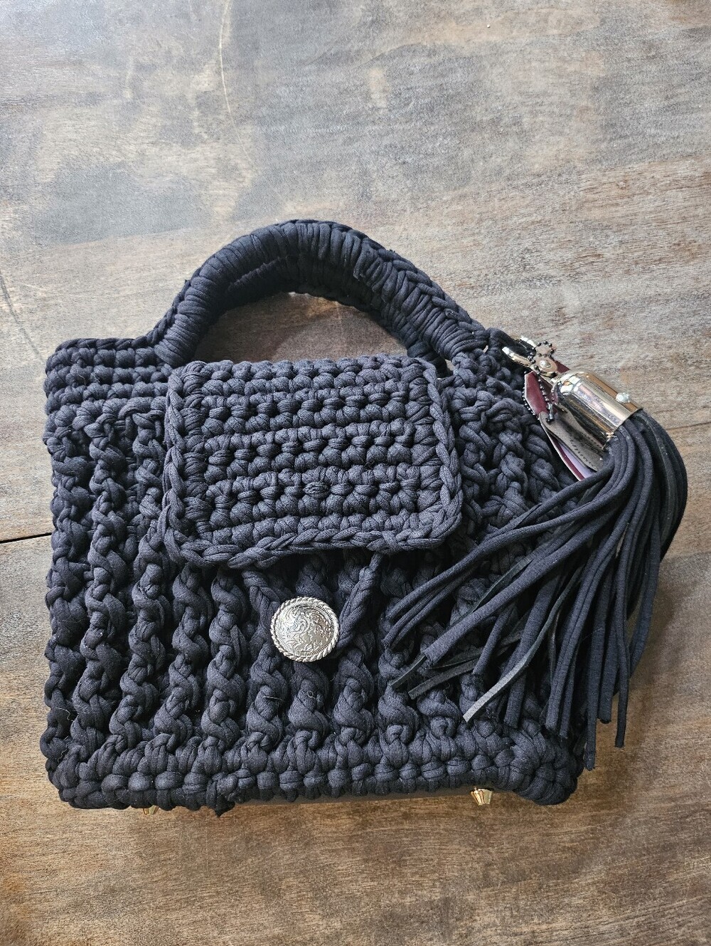 NEW Black Boho Crochet Handbag With Removable Tassel